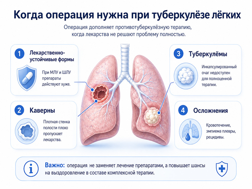Когда необходима операция при лекарственно-устойчивом туберкулёзе, кавернах, туберкулёмах и осложнениях