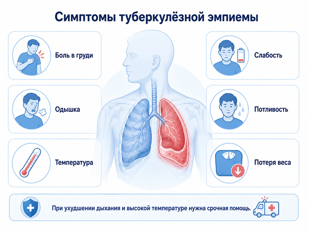 Симптомы туберкулёзной эмпиемы плевры: боль в груди, одышка, температура, слабость, потливость и потеря веса