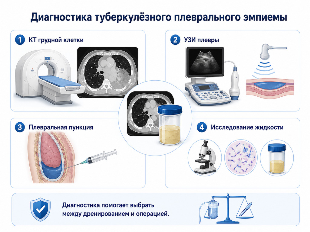 Диагностика туберкулёзной эмпиемы плевры с помощью КТ, УЗИ, плевральной пункции и исследования жидкости