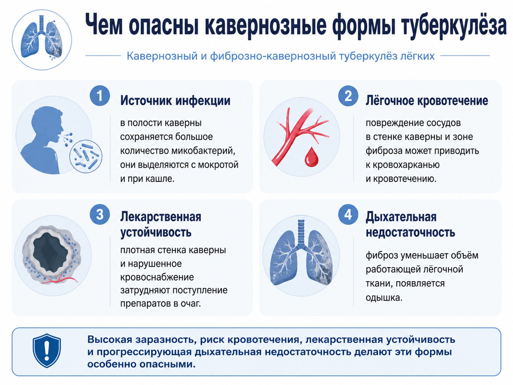 Чем опасен кавернозный туберкулёз: инфекция, лёгочное кровотечение, лекарственная устойчивость и дыхательная недостаточность