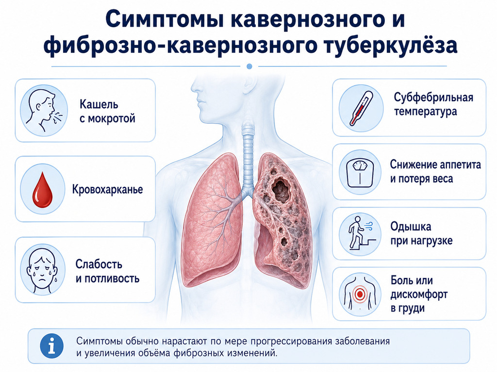 Симптомы кавернозного и фиброзно-кавернозного туберкулёза лёгких