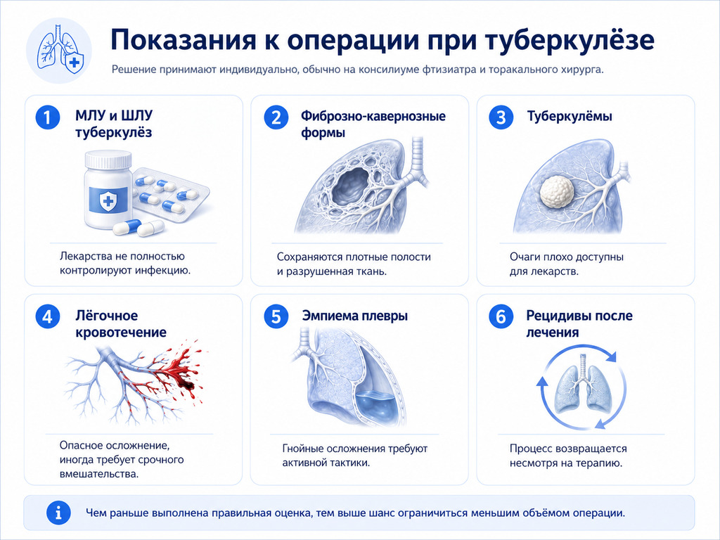 Основные показания к хирургическому лечению туберкулёза лёгких