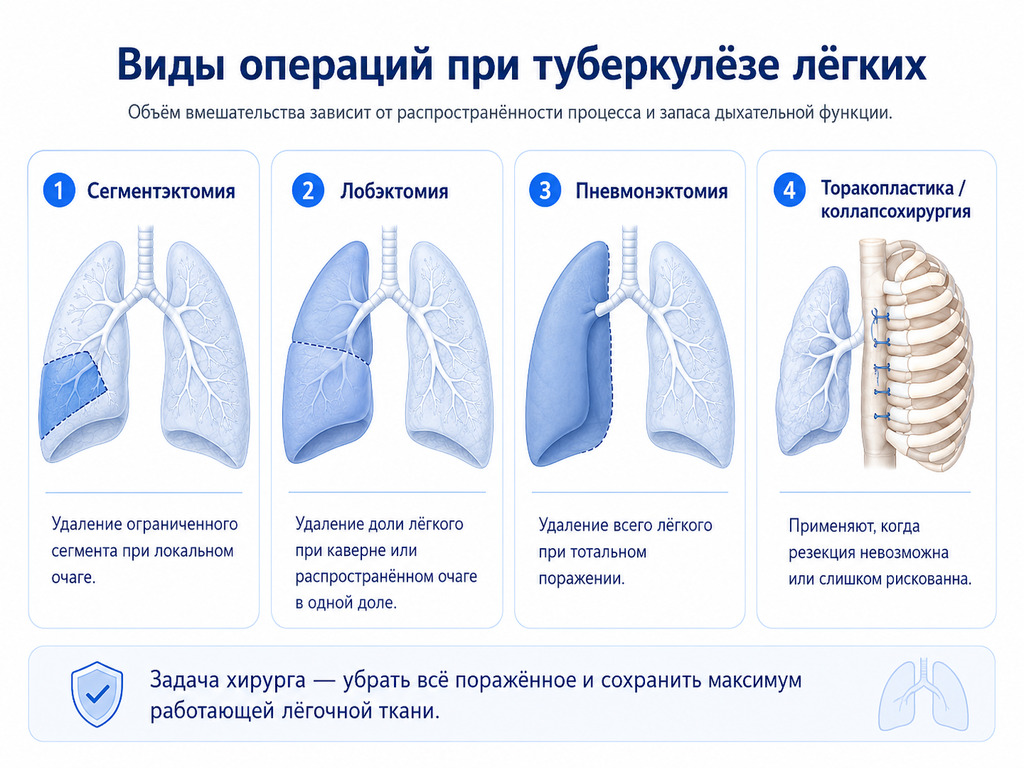 Виды операций при туберкулёзе лёгких: сегментэктомия, лобэктомия, пневмонэктомия и торакопластика