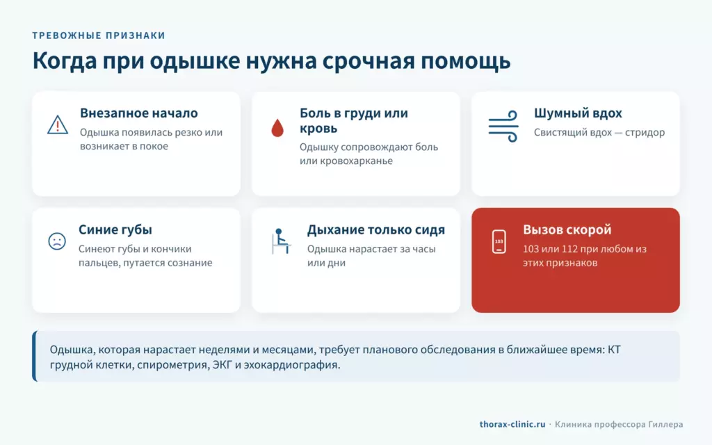 Тревожные признаки одышки: внезапное начало, боль в груди, стридор, синие губы, дыхание только сидя — вызов скорой 103 или 112